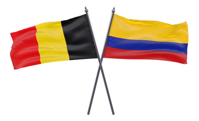 Belgium and Colombia, two crossed flags isolated on white background. 3d image