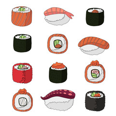 set of vector illustrations of Japanese sushi food and rolls with salmon, eel, vegetables in flat style