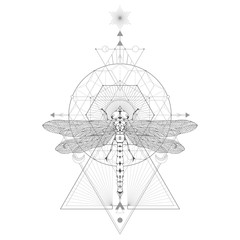 Vector illustration with hand drawn dragonfly and Sacred geometric symbol on white background. Abstract mystic sign.