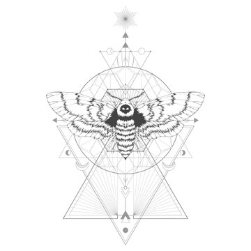 Vector illustration with hand drawn dead head moth and Sacred geometric symbol on white background. Abstract mystic sign.