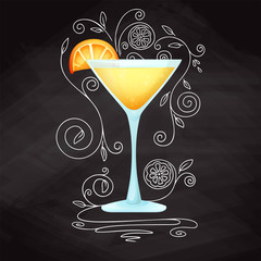 Realistic cocktail on chalk background with doodle, pattern. Vector