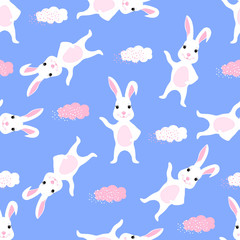 Trendy childish seamless pattern with cute Easter bunny and clouds. Can be used for the decoration of the nursery, children's clothing, kids accessories, gift wrapping, digital paper.