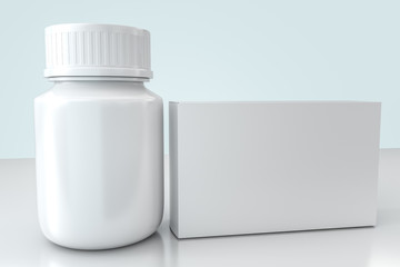 3d rendering, white medicine bottle with package boxes