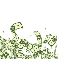 Indian rupee notes falling. Messy INR bills on whi