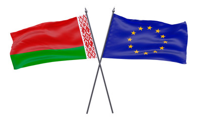 Belarus and EU, two crossed flags isolated on white background. 3d image