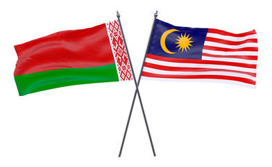 Belarus and Malaysia, two crossed flags isolated on white background. 3d image