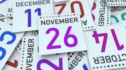 November 26 date on calendar page. 3D animation