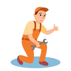 Happy Male Plumber in Uniform Wrench Tool in Hand
