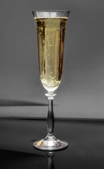 Glass of champagne on black.