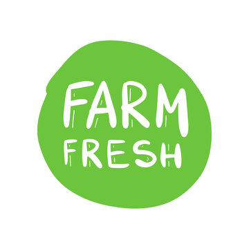 Green farm fresh label vector, painted emblem isolated on white, round icon for natural products packaging, food pack.
