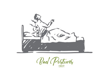 Posture, bad, spine, bed, health concept. Hand drawn isolated vector.
