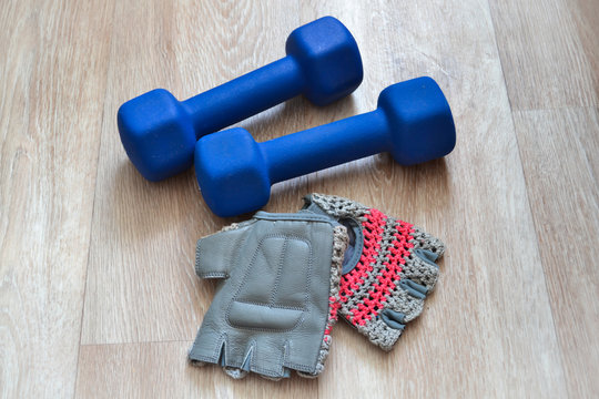 dumbbells and gloves