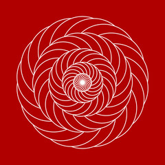 Twirling spin circle. Circular geometric pattern with moving effect of rotation. Optical symbol with stroked lines on color background.