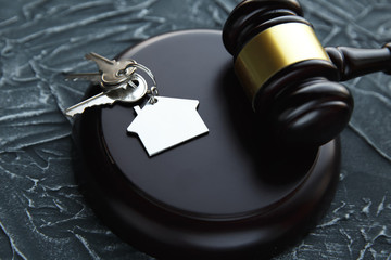 Gavel wooden and house for home buying or selling of bidding or lawyer of home real estate and...
