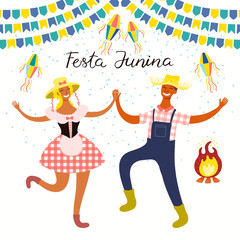 Festa Junina poster with dancing couple, lanterns, bunting, bonfire, Portuguese text. Isolated objects on white. Hand drawn vector illustration. Flat style design. Concept for holiday banner, flyer.