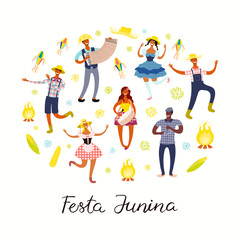 Festa Junina poster with dancing people, musicians, lanterns, bonfire, Portuguese text. Isolated objects on white. Hand drawn vector illustration. Flat style design. Concept for holiday banner, flyer.