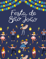 Festa Junina poster with dancing people, musicians, lanterns, bunting, bonfire, Portuguese text Festa de Sao Joao. Hand drawn vector illustration. Flat style design. Concept for holiday banner, flyer.