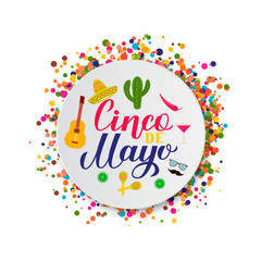 Cinco De Mayo lettering on paper plate with traditional mexican symbols: Sombrero, guitar, cactus, pepper, maracas. Easy to edit template for party invitation, greeting card, banner, poster, flyer.