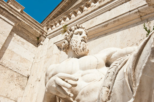 Statue of the Tiber River god. Close-up. The Capitoline Hill (Campidoglio). Rome. Italy