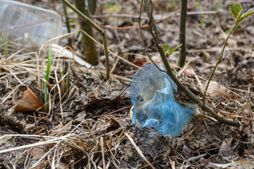 Nature pollution plastic, garbage. Plastic mushrooms. Ecological problems.