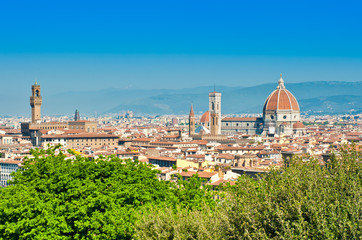 Fototapeta na wymiar Cathedral of Saint Mary of the Flower (Cattedrale di Santa Maria del Fiore; Il Duomo di Firenze). Cityscape of Florence in spring sunny day. Italy