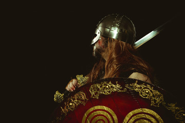 Viking warrior with metallic helmet and animal skins. leather gauntlets, red wooden shield with...