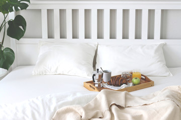 Morning Breakfast in bed. Coffee, croissants, fresh orange juice.