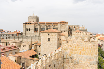 Fototapeta na wymiar Tourism, Walls of the city of Avila in Castilla y León, Spain. Fortified medieval city