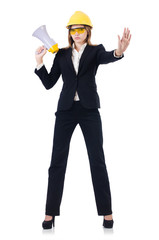 Woman with hard hat isolated on white