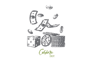 Casino, money, poker, dice, game concept. Hand drawn isolated vector.