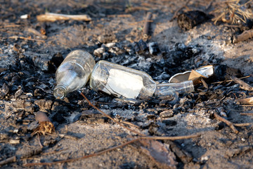 A pile of garbage in the forest park near the campfire site. environmental pollution