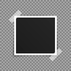 Vector Photo frame mockup design. Photo frame on sticky tape isolated on transparent background. Vector illustration