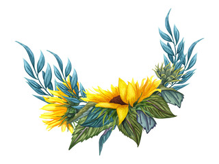 Watercolor floral wreath with sunflowers,leaves, foliage, branches, fern leaves and place for your...