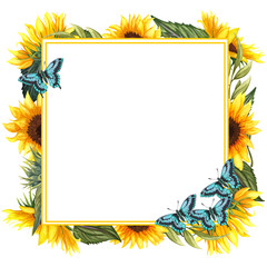 Watercolor floral wreath with sunflowers anf butterflies , leaves, foliage, branches, fern leaves...