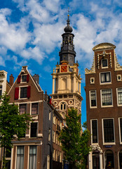 Fototapeta na wymiar Tower of the Southern Church ('Zuiderkerk') in Amsterdam, Netherlands