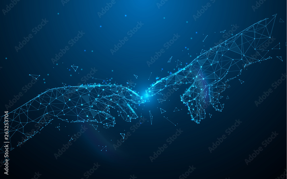 Aufkleber human hands touching with fingers from lines, triangles and particle style design. illustration vect