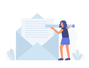 Business woman hold pencil and write new email message, mail notification. chatting. Working process, man reading letter. Modern hand drawn cartoon vector illustrations