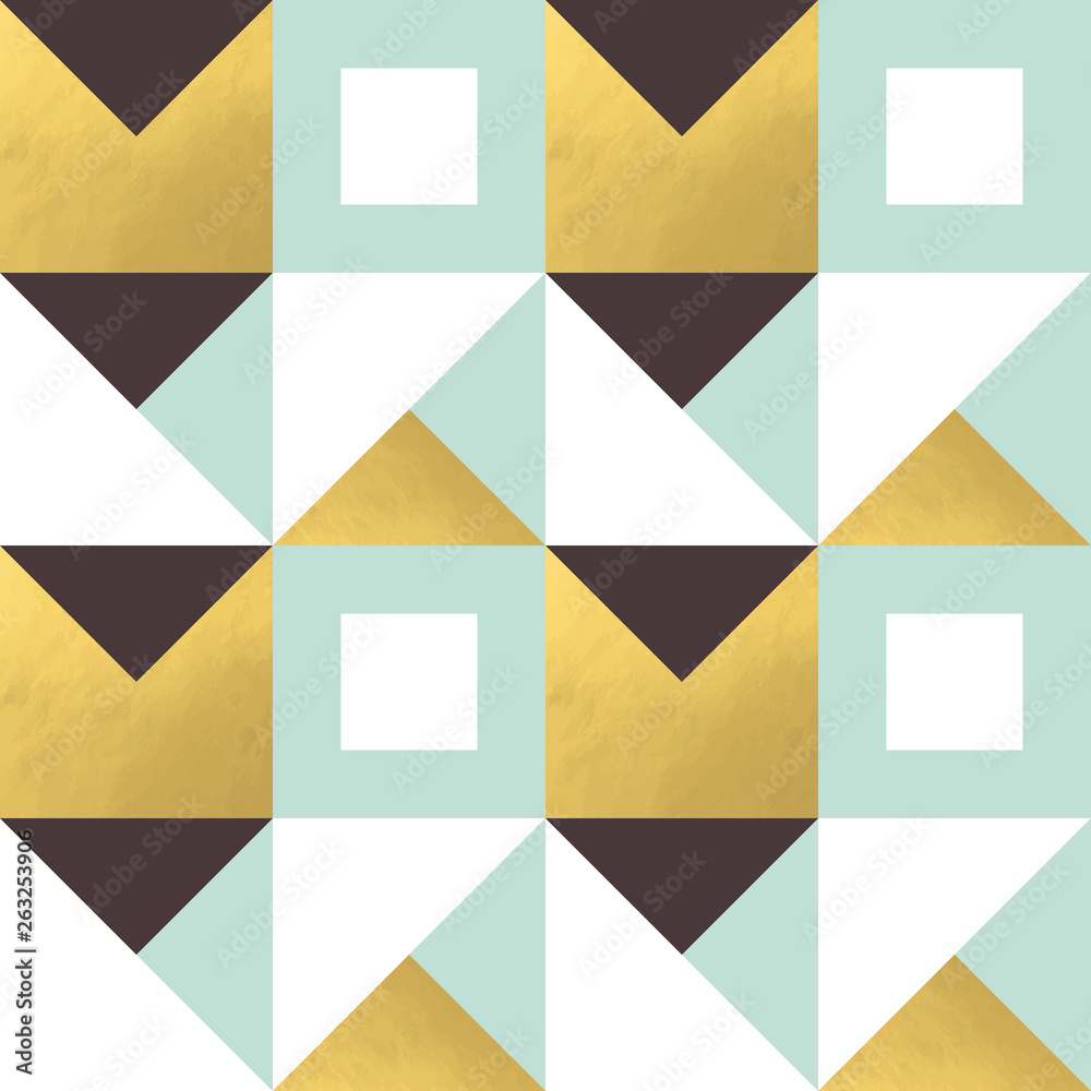 Poster Festive triangle and square geometric shapes background. Abstract mosaic vector seamless pattern in pastel and golden colors. Christmas , new year, carnival, party, celebration wrapping paper concept.