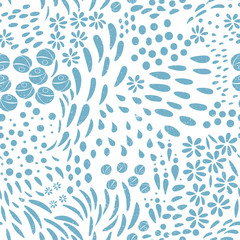 Fototapeta na wymiar Leaves, flowers and stylized floral elements background. Vector seamless abstract ditsy pattern with botanical motiffs.