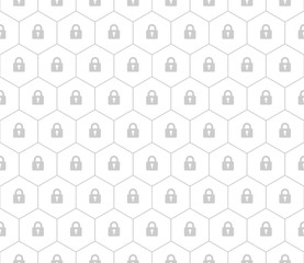 Seamless pattern vector. Gray hexagon line and lock symbol on white background pattern, security concept, minimalist style, simple design.