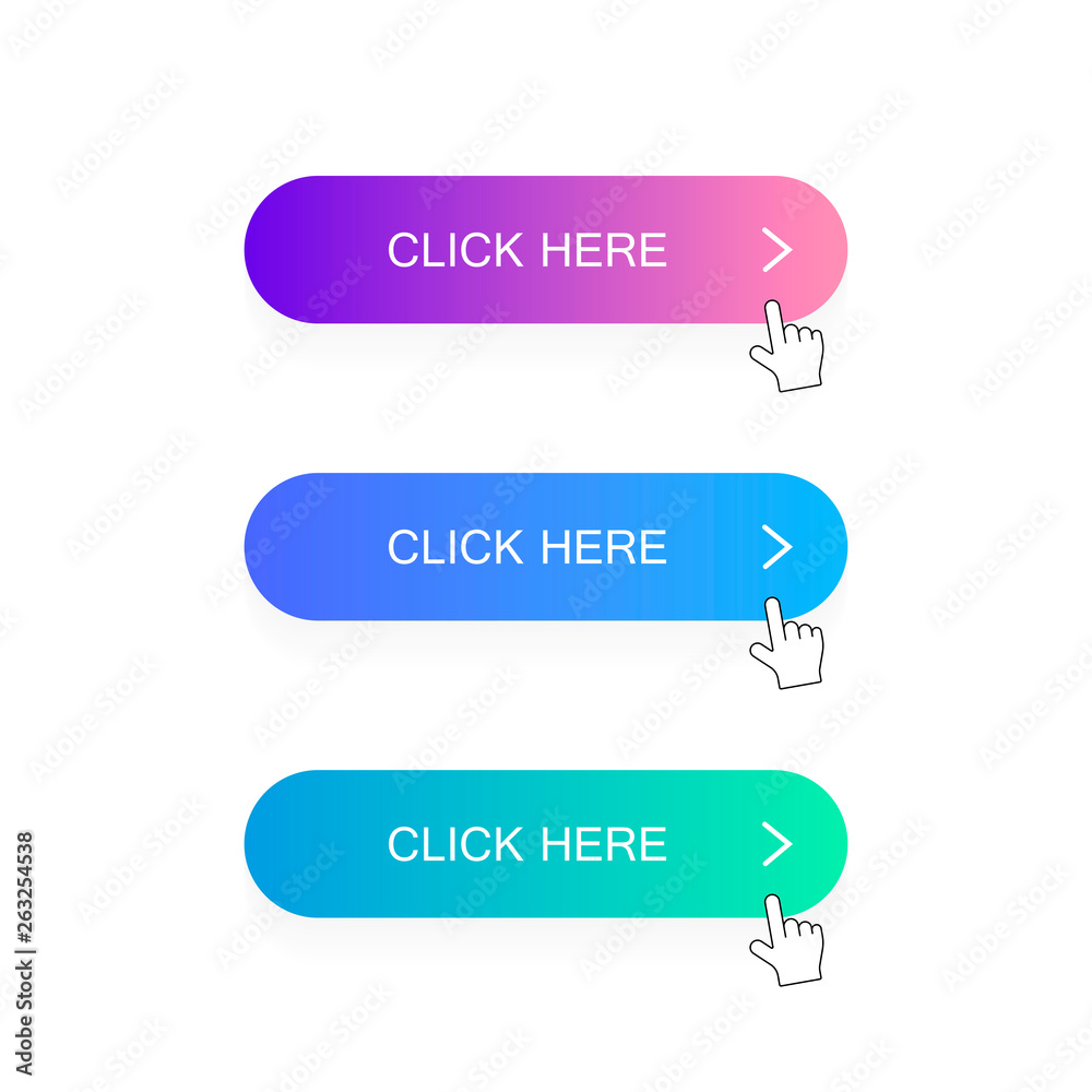 Poster click here button with hand pointer clicking. modern flat style vector illustration