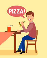 Man Having Dinner in Pizzeria Flat Illustration