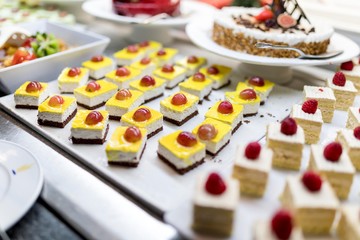 Close up of glazed grapes on cream cakes or sweet dessert slices on a luxury gourmet buffet