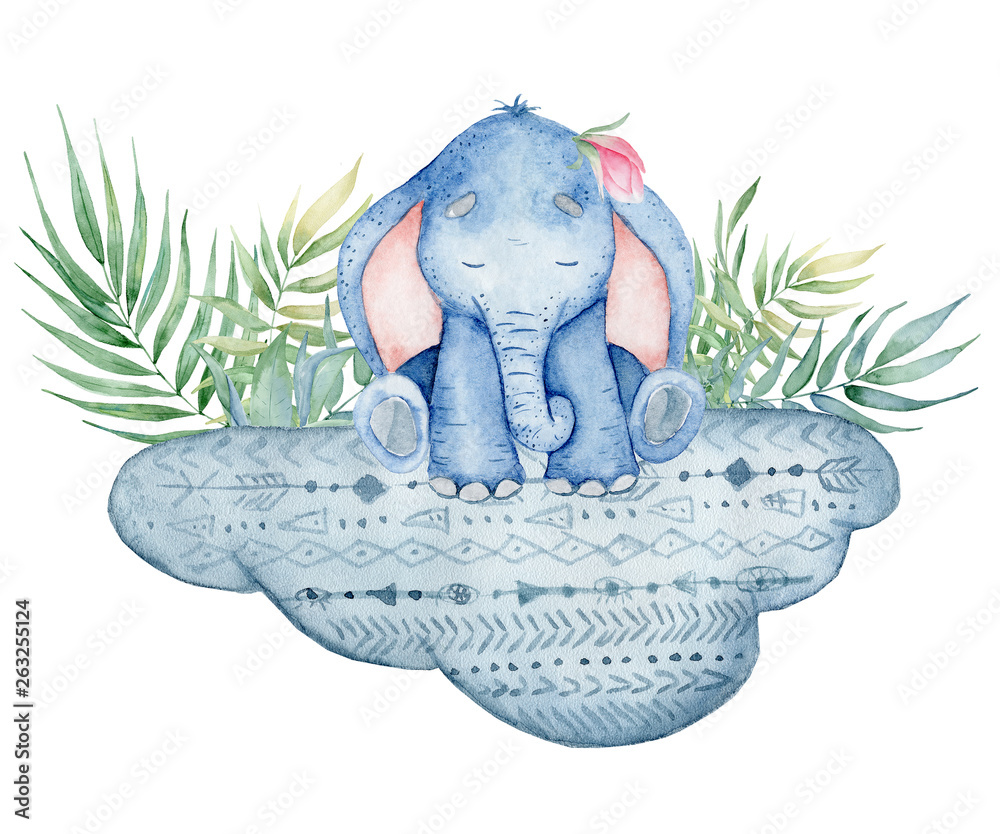 Wall mural Watercolor cute elephant sitting on the cloud animal illustration