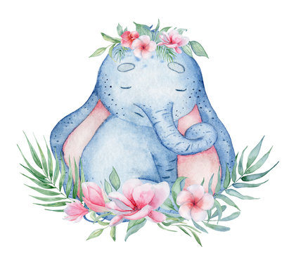 Watercolor cute elephant with floral decor animal illustration © EvgeniiasArt