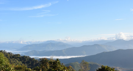 Mountain landscape panorama view and bright blue sky., blue sky background with tiny clouds