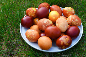 Easter eggs painted in abstract brown and yellow color on white plate outdoors on green grass in spring.