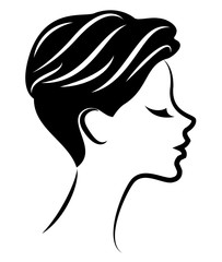 Silhouette of the head of a cute lady. The girl shows the hairstyle bob care with short and medium hair. Suitable for logo, advertising. Vector illustration.
