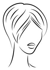 Silhouette of the head of a cute lady. The girl shows the hairstyle bob care with short and medium hair. Suitable for logo, advertising. Vector illustration.