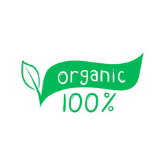 100 percent organic food, hand drawn doodle elements. Eco friendly concept for stickers, banners, cards, advertisement. Vector illustration